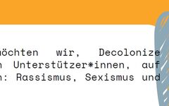 Das Bild zeigt einen Textauszug in deutscher Sprache auf einem Hintergrund, der wie ein zerknittertes Papier aussieht. Der Text ist ein Appell, der mit den Worten "Liebe Wuppertaler*innen," beginnt und sich mit Themen wie Dekolonisierung, Rassismus, Sexismus und Transfeindlichkeit auseinandersetzt.