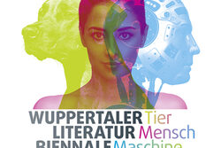 Plakat der Literatur-Biennale mit den Köpfen eines Hundes, einer Frau und eines Roboters