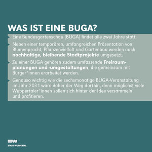 Grafik mit petrolfarbenem Hintergrund, im Vordergrund steht mit weißer Schrift: Was ist eine BUGA?