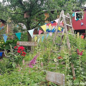 Blick auf bunten Garten mit farbenfrohen Girlanden