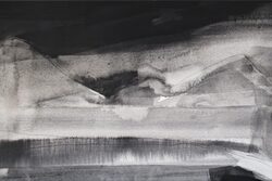 Marlies Blauth, Serie Kohlestaub-Landschaften 1 bis 6, 2018, Kohlestaub, Fineliner, Acryl, je 40 x 80 cm