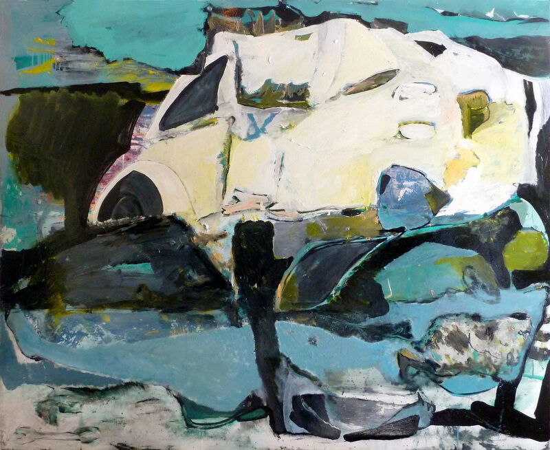 Matthias Günzel, Müdes Auto – Reparaturversuch, 2017, Öl auf Kapa, 108 x 135 cm