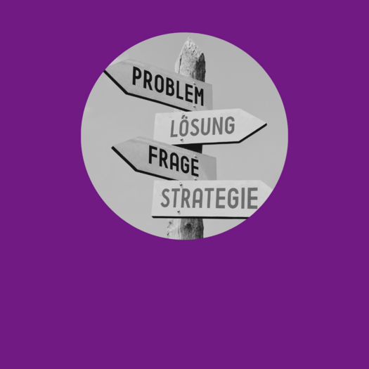 Das Bild zeigt einen lila Hintergrund mit einem weißen Kreis in der Mitte. Innerhalb des Kreises befindet sich ein Straßenschild mit mehreren Richtungsweisern, die in verschiedene Richtungen zeigen und die Aufschriften "PROBLEM", "LÖSUNG", "FRAGE" und "STRATEGIE" tragen. Das Schild ist schwarz-weiß gehalten und der Hintergrund des Kreises ist grau.
