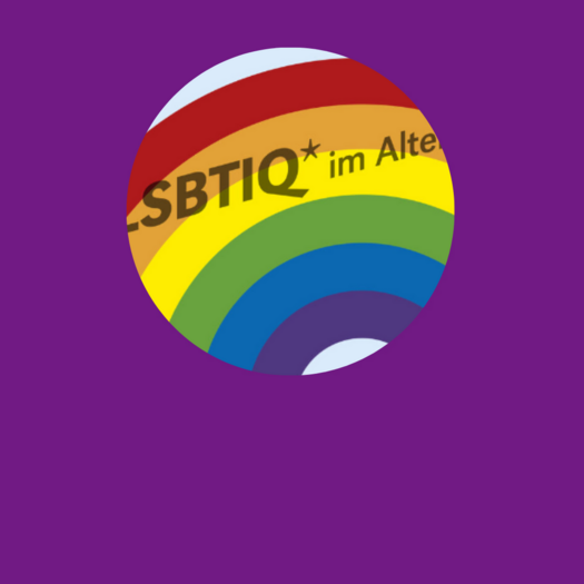 Ein Regenbogen vor hellblauem Hintergrund mit der Aufschrift LSBTIQ Sternchen im Alter