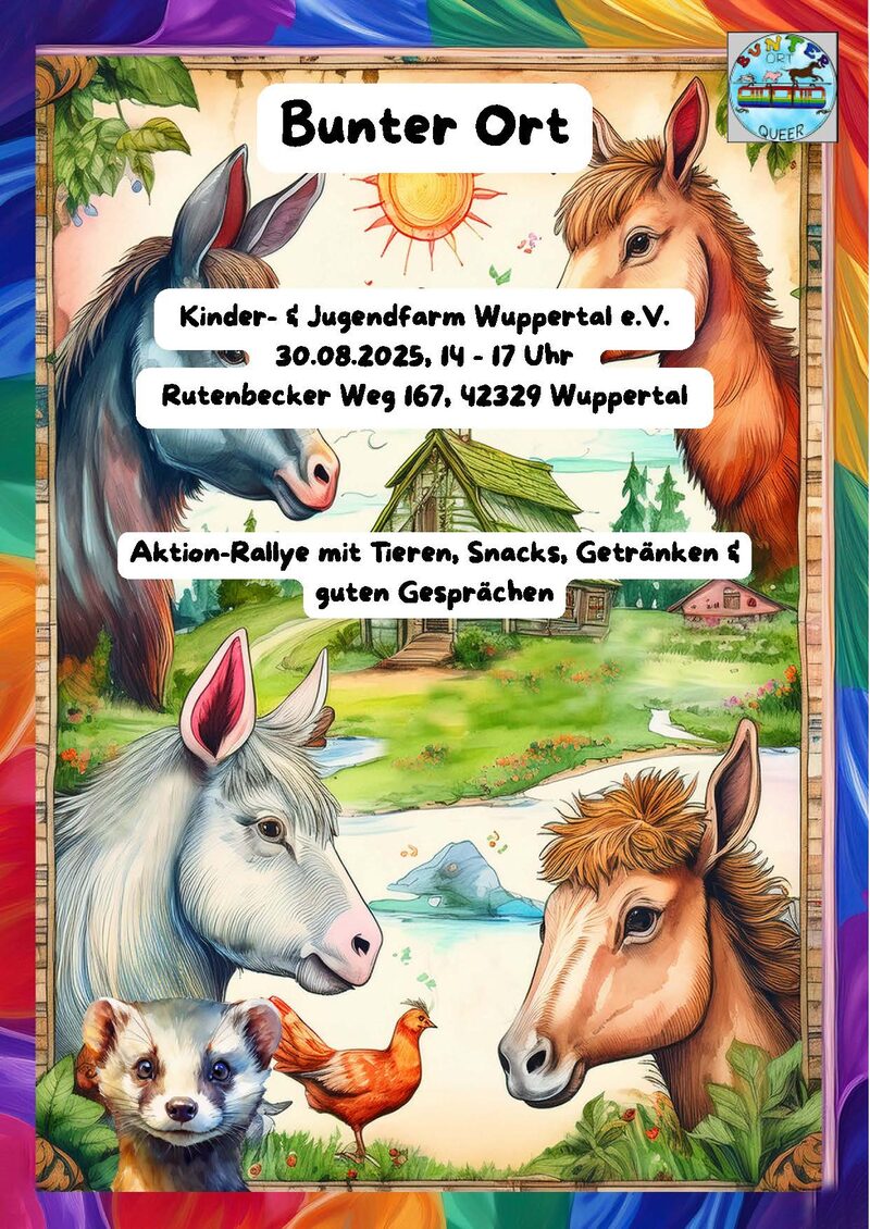 Bunter Ort Jugendfarm mit Tieren: Pferde, Huhn