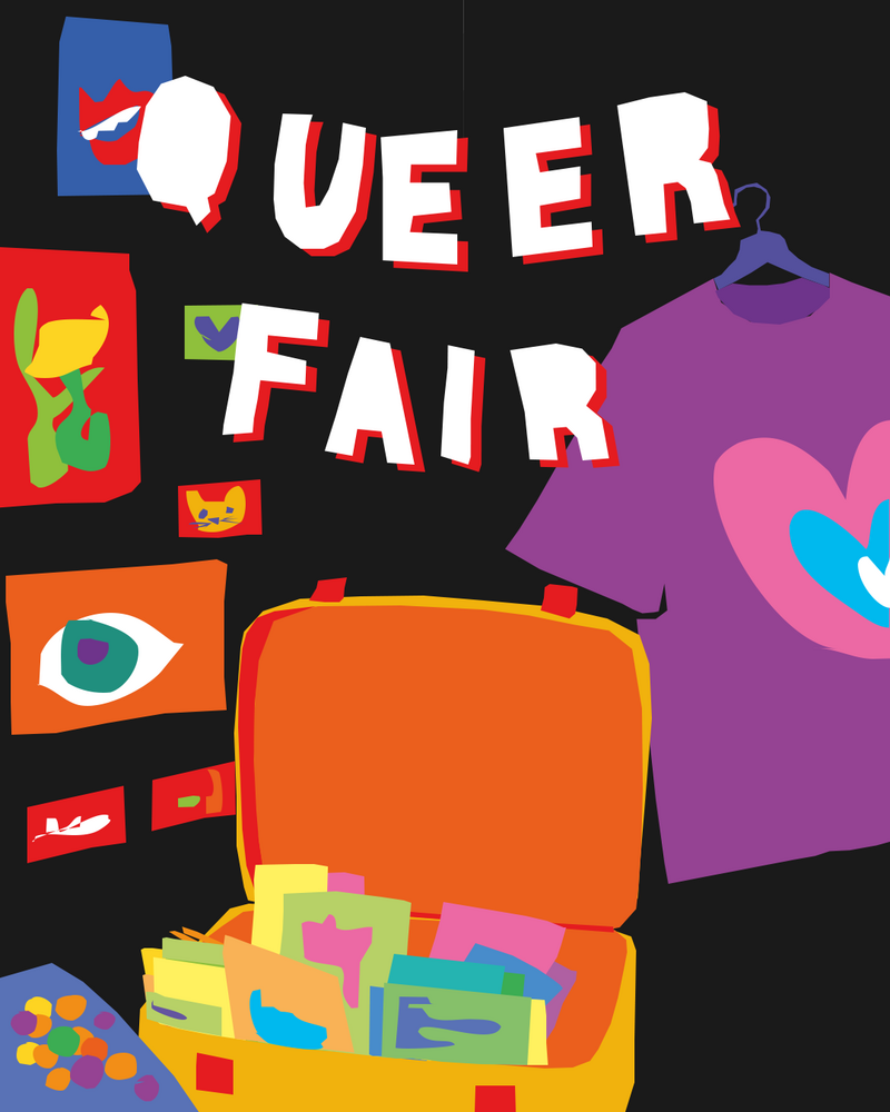 Queer Fair - queerer Kunst und second hand Markt, mit T-Shirt, Koffer, Bildern und mehr