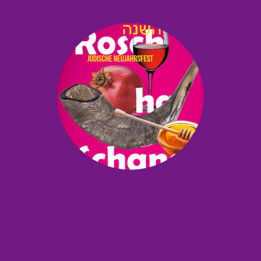 Grafisches Motiv zu Rosch ha-Schana (jüdisches Neujahrsfest): Ein Schofar (Widderhorn) liegt im Vordergrund, daneben ein aufgeschnittener Granatapfel, ein Glas Rotwein und eine Schale mit Honig. Im Hintergrund pinker Farbverlauf mit hebräischer Schrift und dem Schriftzug ‚Rosch ha-Schana‘