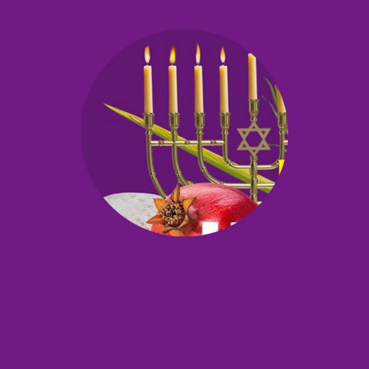 Titelgrafik des Projekts „Shalom Wuppertal“. Vor violettem Hintergrund sind Symbole verschiedener jüdischer Feiertage dargestellt, darunter eine Chanukkia, ein Schofar, Granatapfel, Apfel, Honig, Etrog, Palmzweig, Dreidel und eine Sufganija. Daneben stehen der Schriftzug „Shalom Wuppertal“ sowie der hebräische Gruß „Schalom“. Die Grafik führt in das Projekt zu jüdischen Feiertagen in Wuppertal ein.