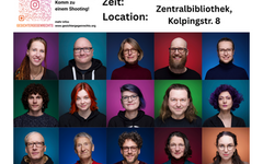 Das Plakat zeigt in mehreren Reihen die Porträts von etwa 24 sehr unterschiedlichen Menschen – verschiedenen Alters, Geschlechts und Erscheinungsbildes – jeweils vor farbigen Hintergründen. In der Mitte steht in großen Buchstaben: „Offene Foto Session“, daneben die Veranstaltungsdaten.