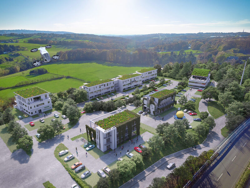 Visualisierung des neuen Smart Tec Campus Wuppertal mit begrünten Gebäuden.