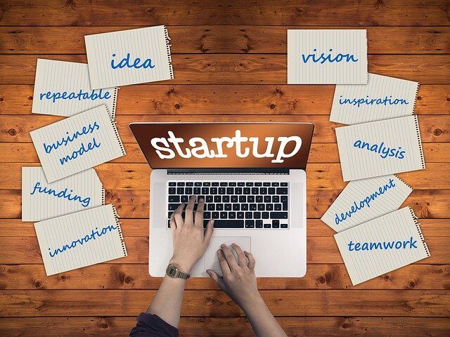 Auf einem Laptop-Monitor steht "Start-up". Darum verteilt liegen Notizen mit Themen, an die Gründerinnen und Gründer denken sollten.