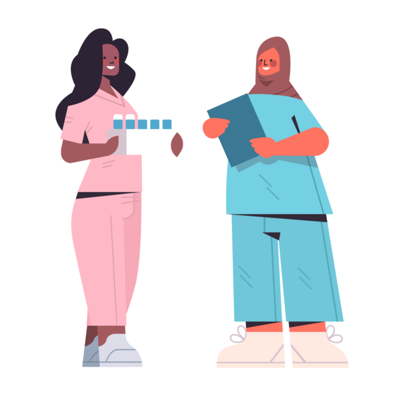 Zwei Personen in Pflegebekleidung in Rosa und Blau, Piktogramm