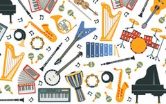 Musical Instruments Banner Template with Different Music Instruments Seamless Pattern and Space for Text Vector Illustration