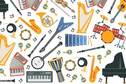 Musical Instruments Banner Template with Different Music Instruments Seamless Pattern and Space for Text Vector Illustration