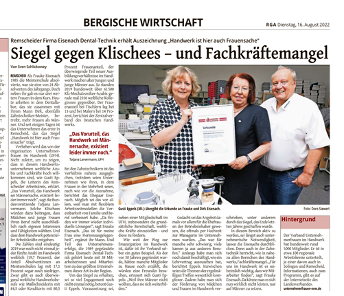 Zeitungsartikel aus der RGA Remscheider Firma erhählt Auszeichnung "Handwerk ist auch Frauensache"