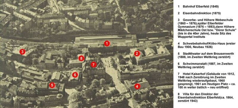 Das Luftbild von 1928 zeigt den gesamten Brausenwerth/Döppersberg mit den rechts bezeichneten Gebäuden