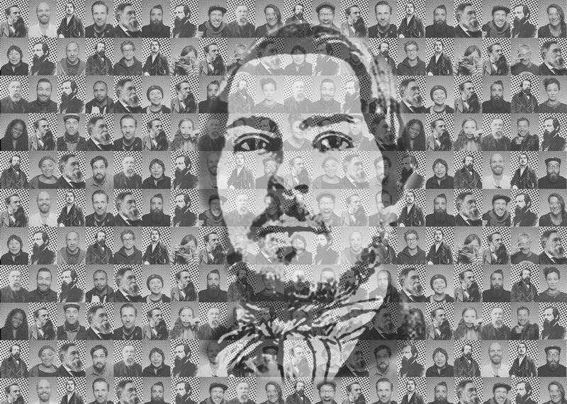 Entwurf des Kunstprojektes INSIDE OUT ENGELS von Kuratorin Valentina Manojlov: 200 Gesichter in schwarz-weiß, im Vordergrund der Kopf des jungen Friedrich Engels