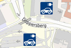 Kartenausschnitt mit 2 Standorten von E-Auto-Ladestation in Wuppertal