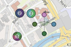 Kartenausschnitt mit Standorten verschiedener Ehrenamtsangeboten in Wuppertal