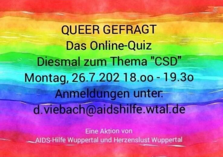 Einladung zum Queergefragt Quiz, Montag, 26.07.2021 18:00 bis 19:30, Anmeldung unter d.viebach@aidshilfe.wtal.de