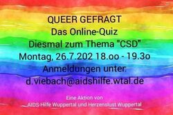 Regenbogenfahne mit Text: Queer Gefragt, Das Online-Quiz, zum Thema CSD, Montag, 26.07.2021, 18 bis 19:30, Anmeldung unter d.viebach@aidshilfe.wtal.de