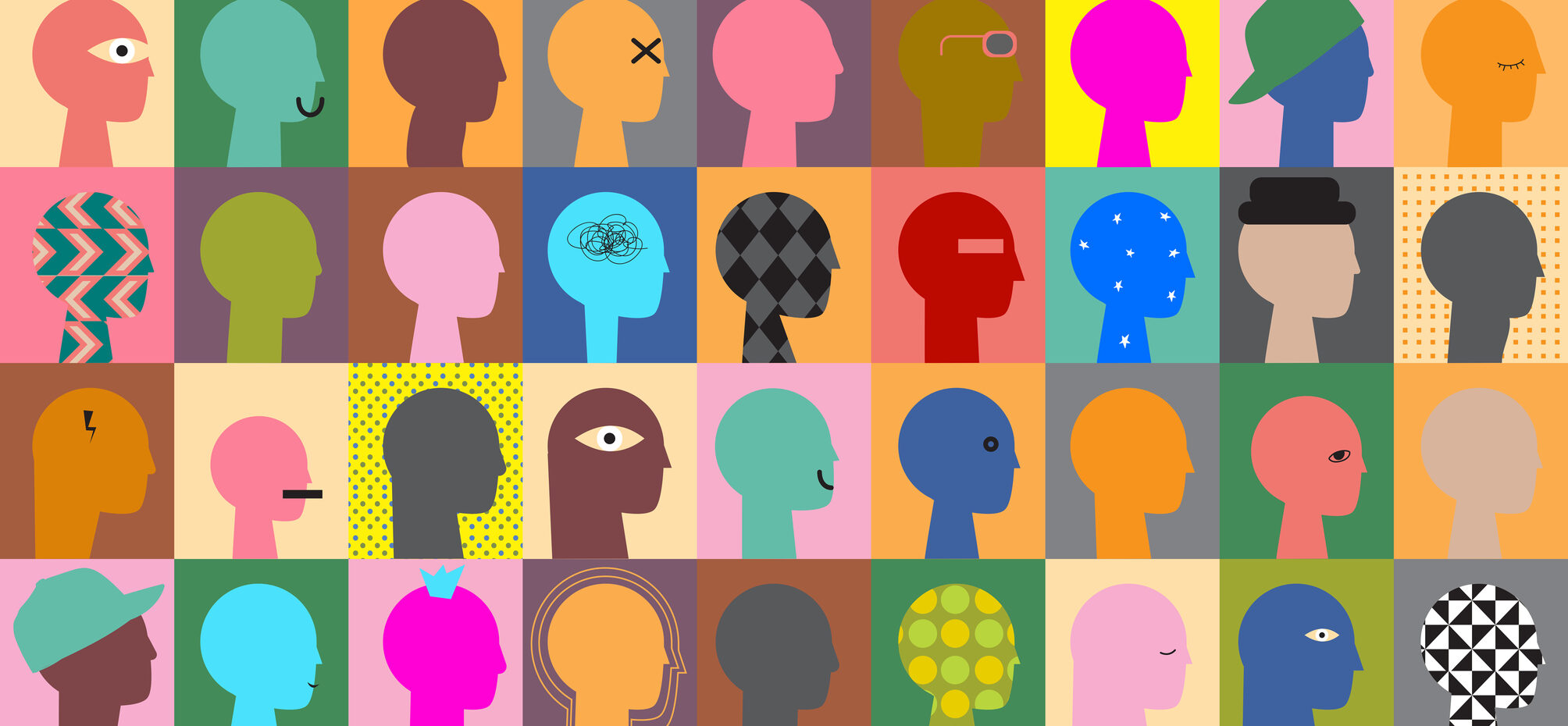 Das Bild zeigt eine Collage aus mehreren stilisierten, abstrakten Kopfprofilen in verschiedenen Farben und Mustern auf unterschiedlich farbigen Hintergründen. Die Profile weisen unterschiedliche Merkmale auf, wie z.B. sichtbare Gehirnstrukturen, Blitze, geometrische Muster oder einfache Gesichtszüge. Jedes Profil ist einzigartig gestaltet, was Vielfalt und Individualität symbolisieren könnte. Die Grafik könnte im Kontext von Diversität, Kreativität oder Persönlichkeit interpretiert werden.