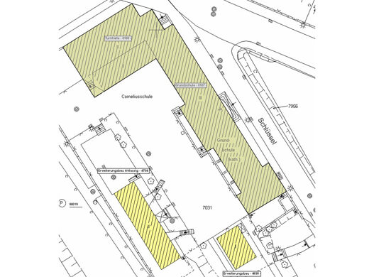 Übersichtsplan der Cornelius Grundschule Wuppertal-Vohwinkel, betroffene Bereiche sind gekennzeichnet