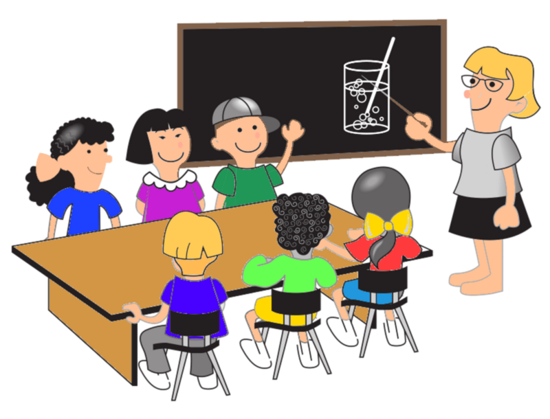 Illustration einer Schulklasse. Die Lehrerin steht an der Tafel.