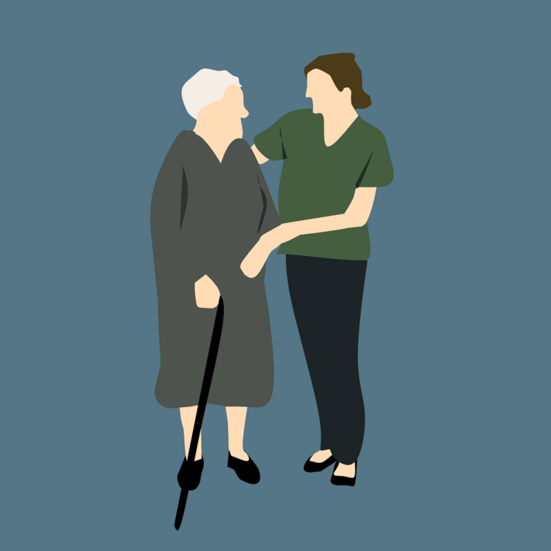 Krankenschwester mit alter Frau am Stock