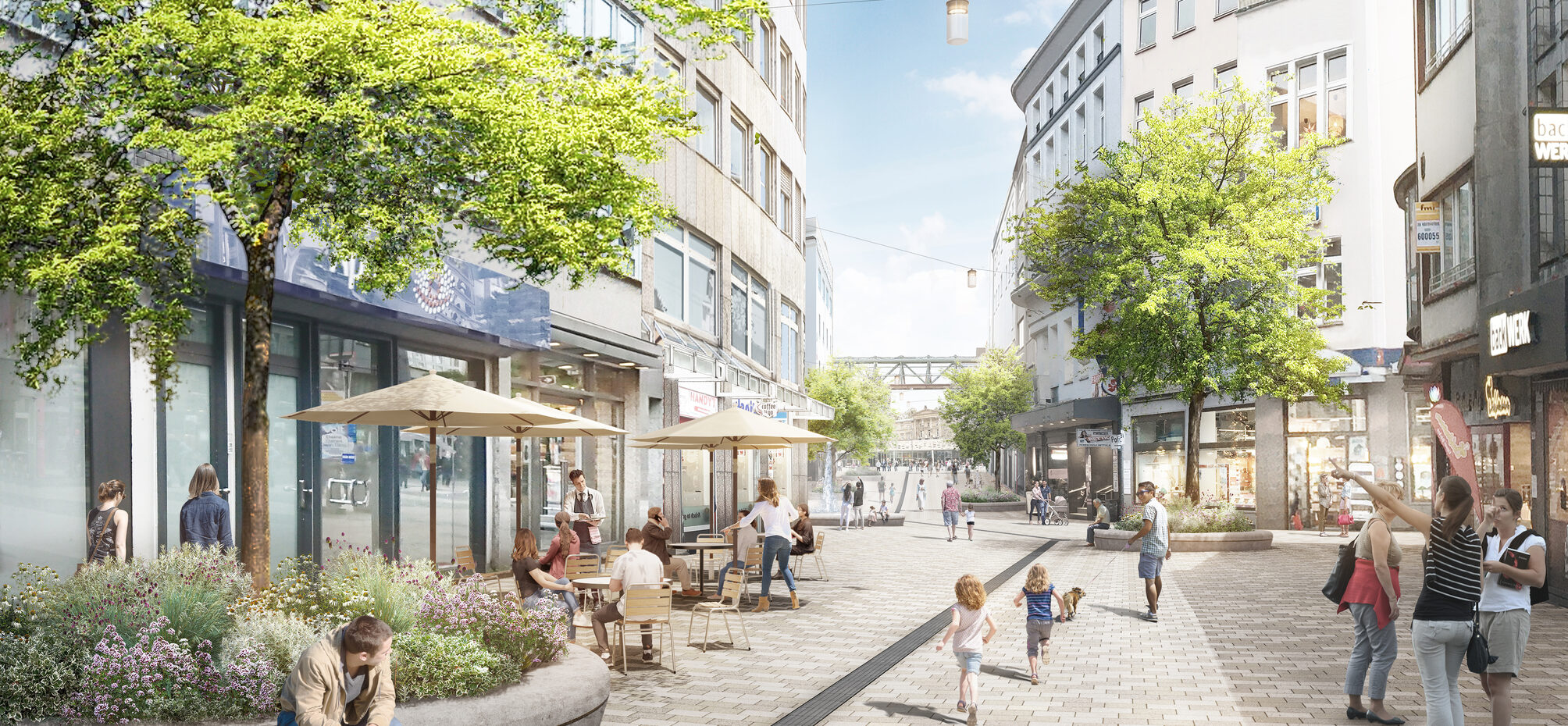 Rendering der neugestalteten Poststraße mit Blick zum Döppersberg.