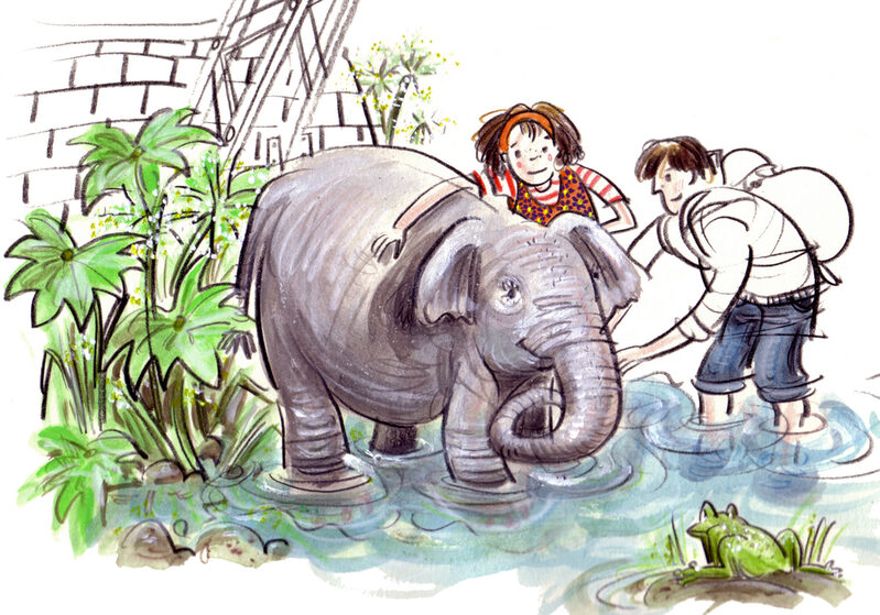 Illustration aus dem Tuffi-Buch mit einem Elefanten und zwei Kindern in der Wupper