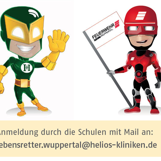 Das Plakat zur Aktion zeigt zwei Comic-Figuren als Helios- und Feuerwehr-Retter