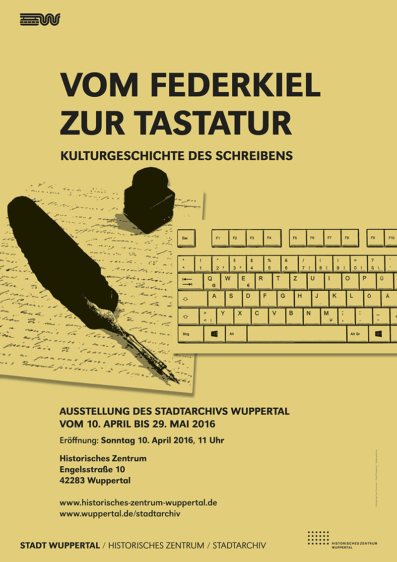 Plakat zur Ausstellung, das eine Tastatur und einen Federkiel zeigt