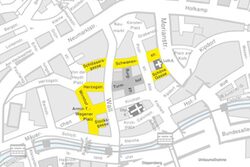 Kartenausschnitt der Elberfelder Innenstadt, in der die Seitenstraßen gelb markiert sind, die einen neuen Belag bekommen