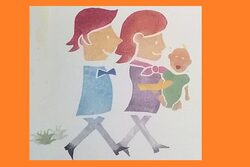 Vater, Mutter und Kind gezeichnet vor orangem Hintergrund