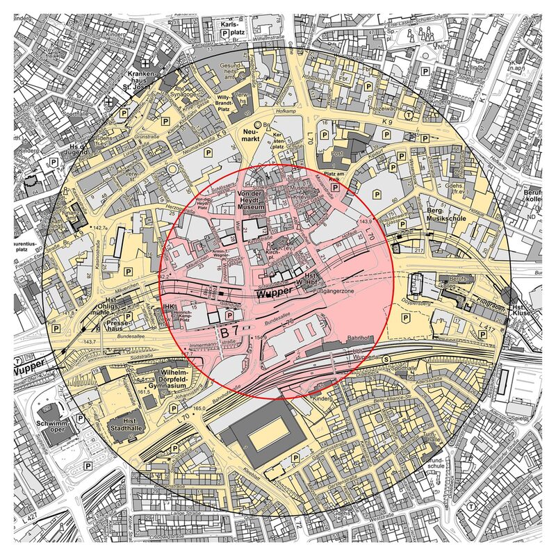 Die Evakuierungszone (rot) und Luftschutzzone (gelb)