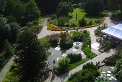 Blick von oben über den Botanischen Garten mit Teich