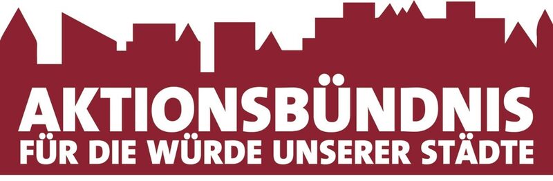 Logo zeigt Stadtsilhouette vor rotem Hintergrund und den Schriftzug "Aktionsbündnis für die Würde unserer Städte" in weißer Schrift.