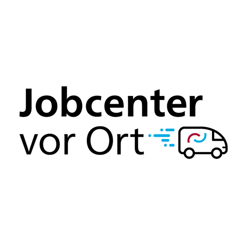 Logo zeigt den Schriftzug "Jobcenter vor Ort" mit einem Bus-Symbol