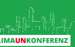 Das Signet der Klimaunkonferenz: eine stilisierte Skyline auf grünem Hintergrund