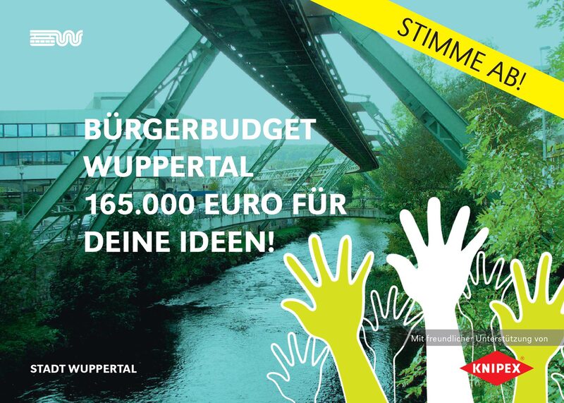 Bild zeigt Plakat mit dem Slogan: Bürgerbudget Wuppertal - 165.000 Euro für deine Ideen!