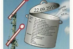 Plakat informiert über das Programm des Festes "Wuppertaler bewegen die Stadt". Darauf sind flanierende Menschen zu sehen und die Illustration eines Kochtopfes, in dem weitere Informationen zu der Veranstaltung stehen.