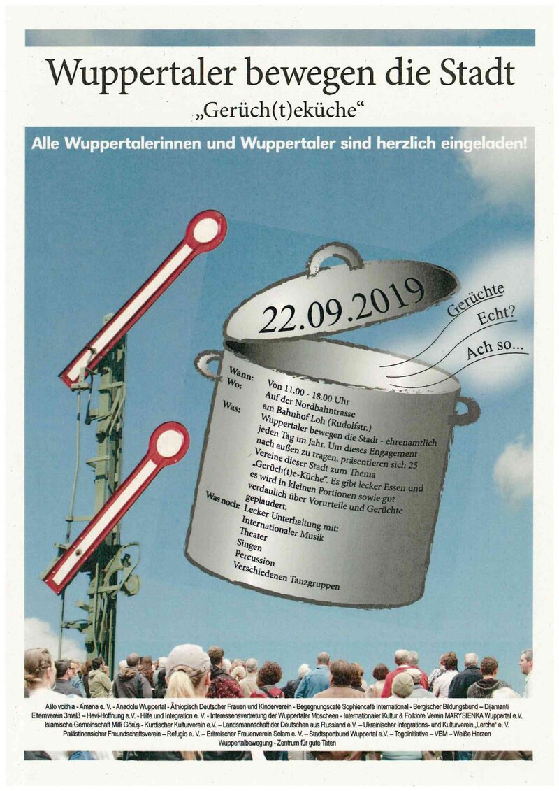 Plakat informiert über das Programm des Festes "Wuppertaler bewegen die Stadt". Darauf sind flanierende Menschen zu sehen und die Illustration eines Kochtopfes, in dem weitere Informationen zu der Veranstaltung stehen.