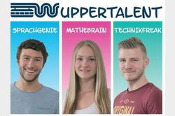 Logo Wuppertalent: Drei junge Menschen, denen die Kategorien "Sprachgenie", "Mathebrain" und "Technikfreak" zugeordnet werden