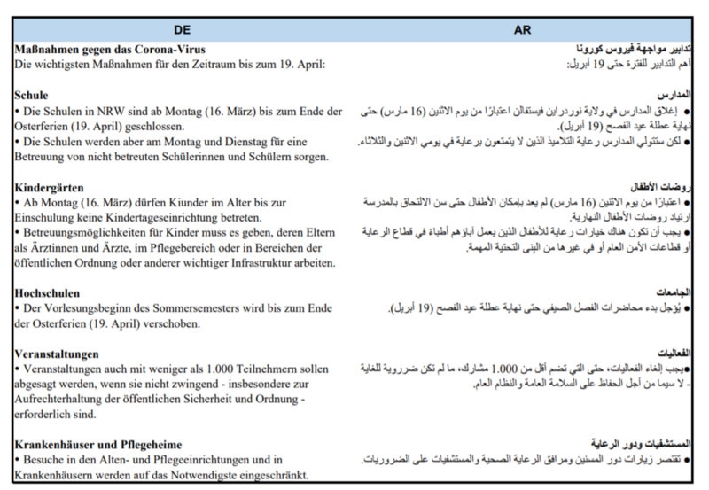 Informationen zum Corona-Virus auf Arabisch