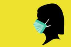Symbolbild: Gelbes Schild mit Maske tragender Frau
