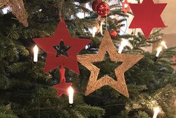 Nahaufnahme eines geschmückten Weihnachtsbaumes mit goldenen und roten Sternen und Lichterkette