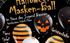Ein schwarzes Plakat mit schwarz-gelben Luftballons wirbt für den Maskenball