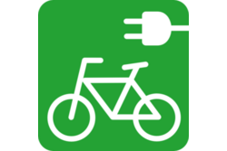 Piktogramm eines Pedelecs, ein stilisiertes Fahrrad mit einem Elektro-Stecker