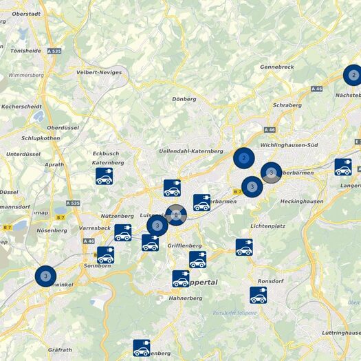 Eine Geographie-Karte von Wuppertal mit einigen Symbolen darauf